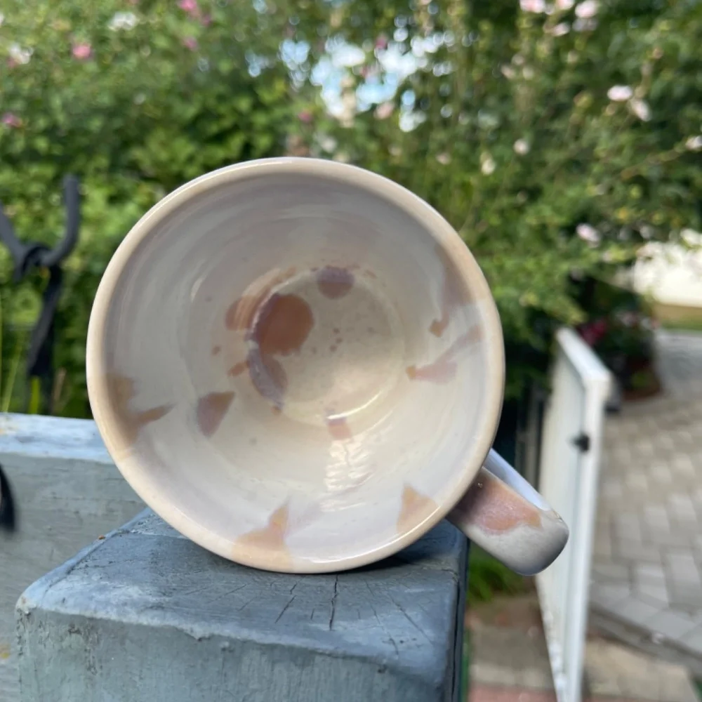 New Crate & Barrel white mug with pink, purple, orange tie dye/watercolor